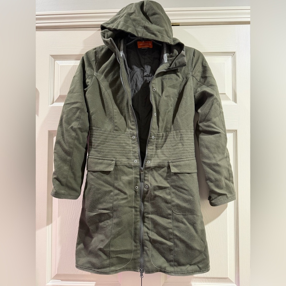 MERRELL Women's Coat Sz Small Full Zip Hooded Mid Length Olive Green